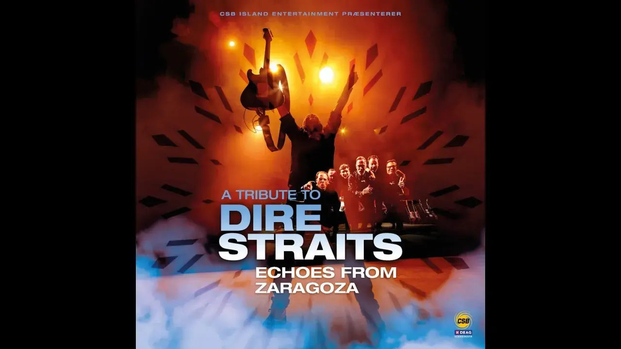 Koncertowa okładka "A Tribute to Dire Straits: Echoes from Zaragoza". Wokalista z gitarą uniesioną ku górze, zespół w tle. Pamięć o legendzie Dire Straits.
