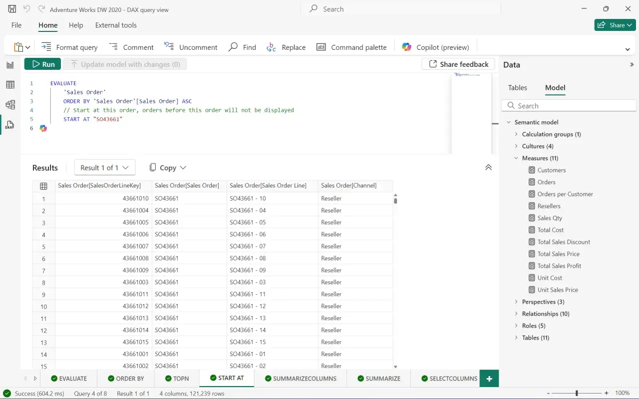 Finestra DAX Studio con query DAX in esecuzione e risultati che mostrano ordini di rivenditori.