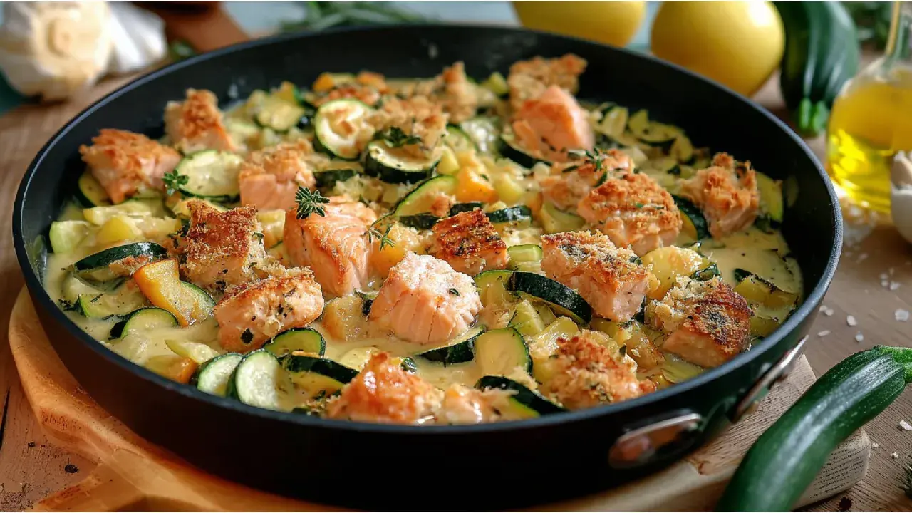Herzhafte zucchini lachs pfanne mit knuspriger Kruste und cremiger Sauce, garniert mit frischen Kräutern.