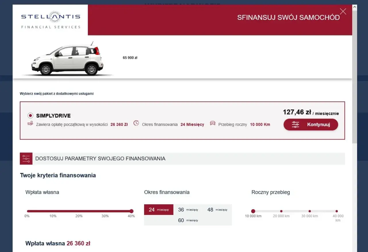 Strona z ofertą finansowania samochodu Fiat. Widoczny biały Fiat Panda, cena 65 900 zł, miesięczna rata 127,46 zł. Możliwość dostosowania parametrów finansowania.