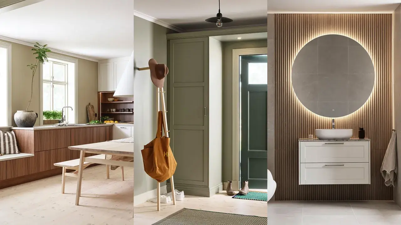 Triptyk av hemtrevliga rum: kök med trädetaljer, hall med hatthylla och ett modernt badrum med rund spegel. Klassisk design genomsyrar helheten.