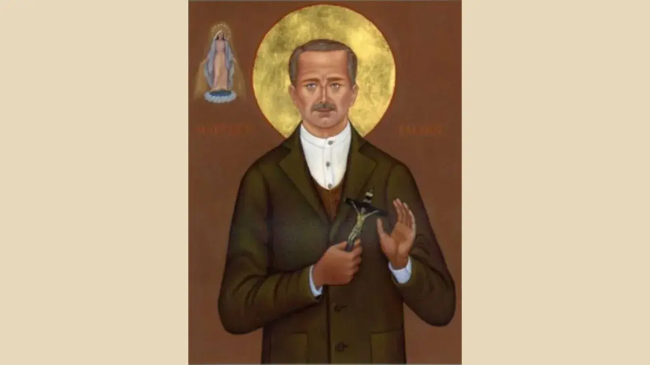 Święty Mateusz Talbot, patron alkoholików, trzyma krzyż. Obok niego Matka Boska.