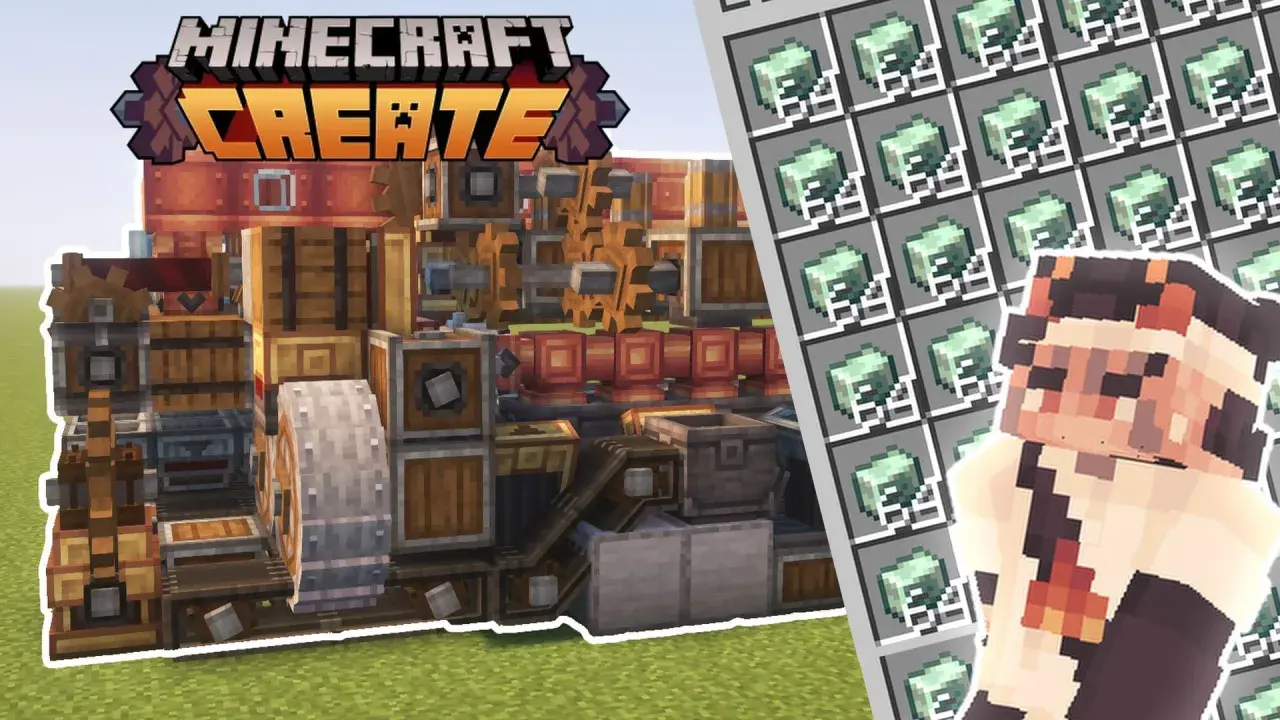 Złożona maszyna z Minecraft Create mod, pełna zębatek i skrzyń, obok postaci z gry i stosu zielonych przedmiotów.