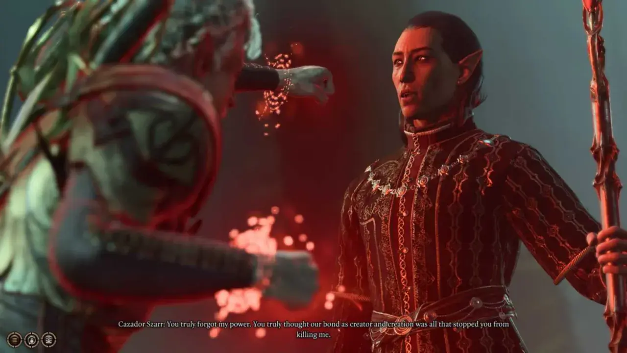 Astarion z Baldur's Gate 3 w czerwonym stroju, wpatrujący się w swojego twórcę.