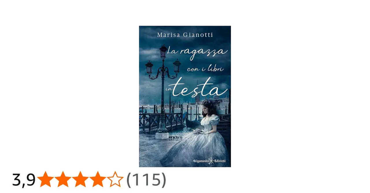 Copertina di "La ragazza con i libri in testa", un romanzo ambientato a Venezia, con una giovane donna in abito d'epoca seduta vicino a un canale.