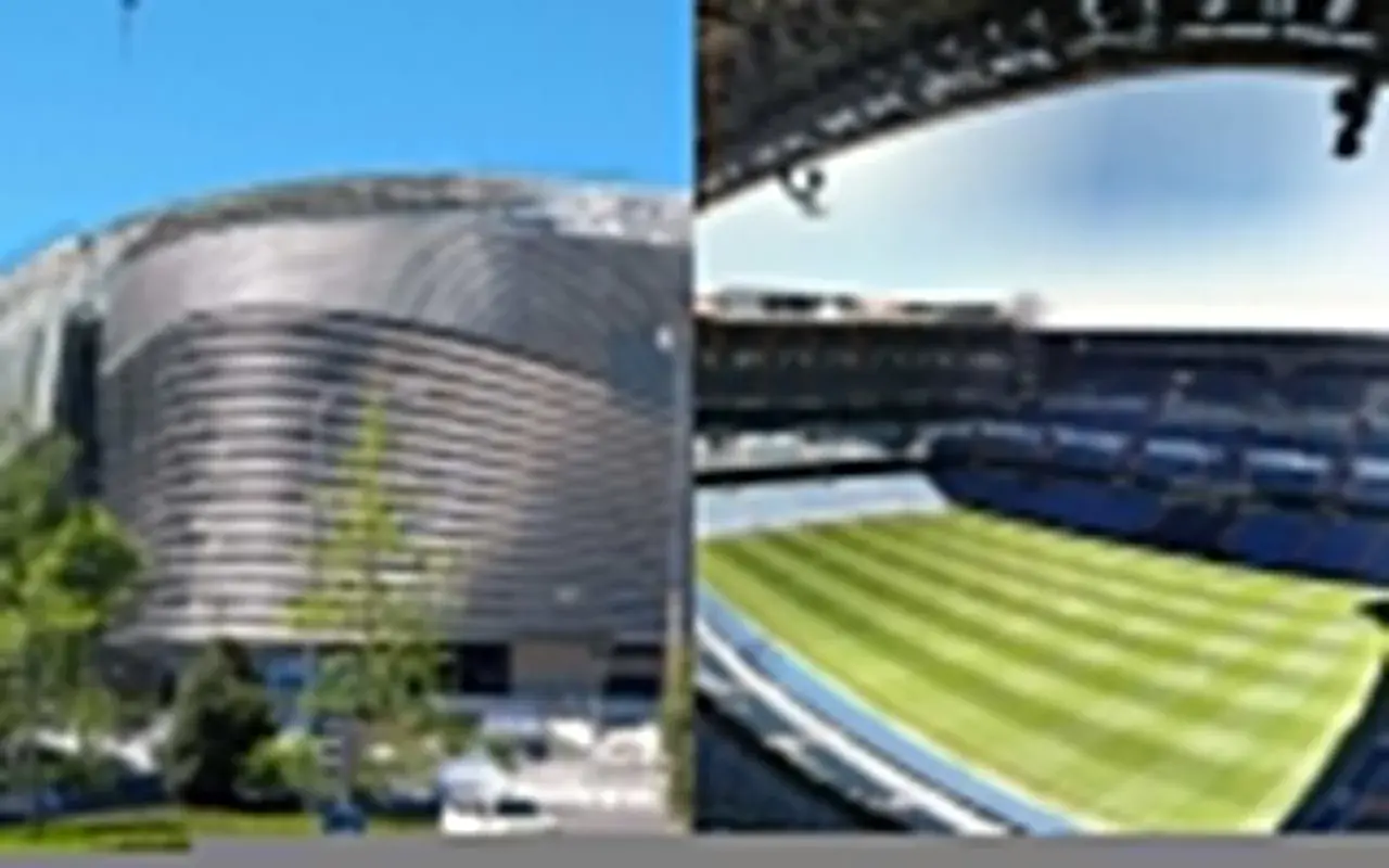 Nowe Santiago Bernabeu w budowie, z nowoczesną fasadą i widokiem na zieloną murawę stadionu.