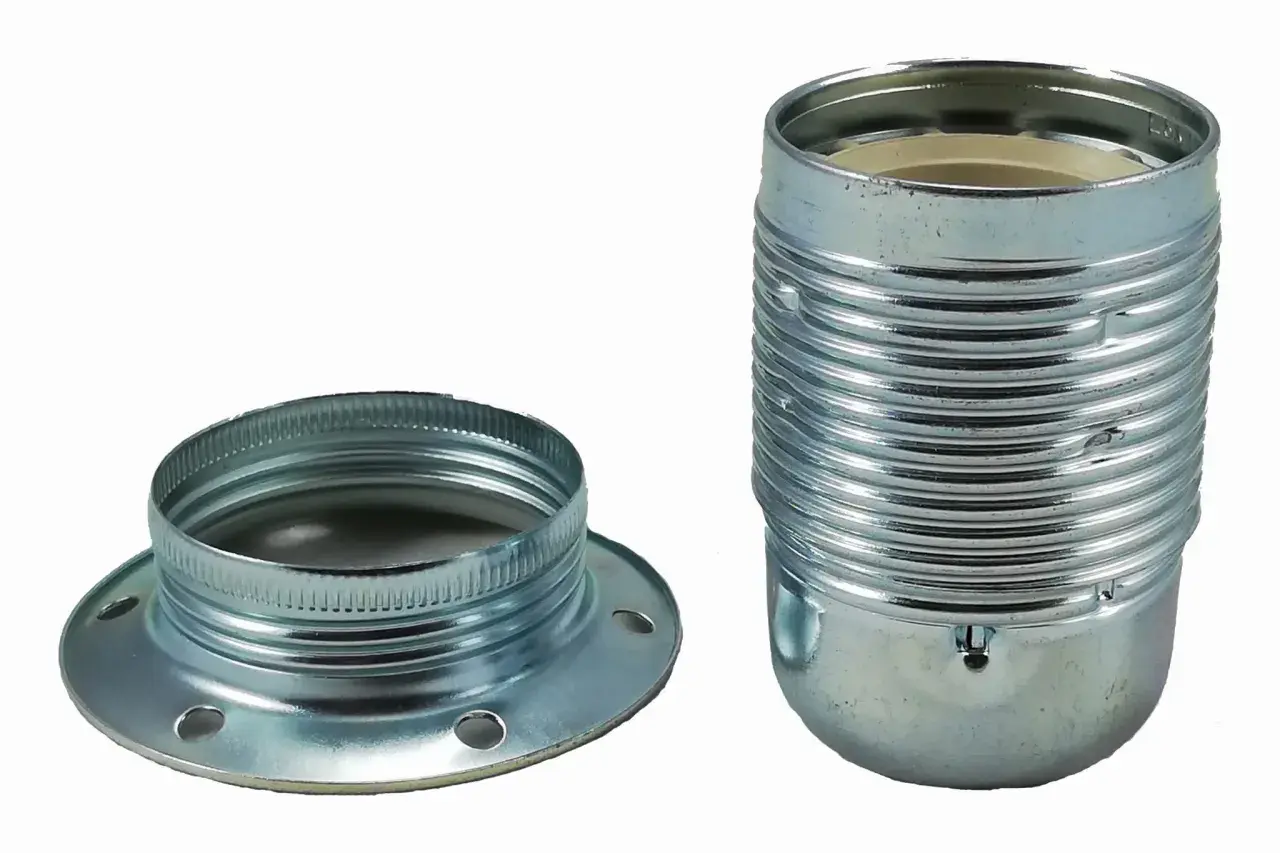 Metalowa oprawka e27 przykręcana, z gwintem i podstawą montażową.