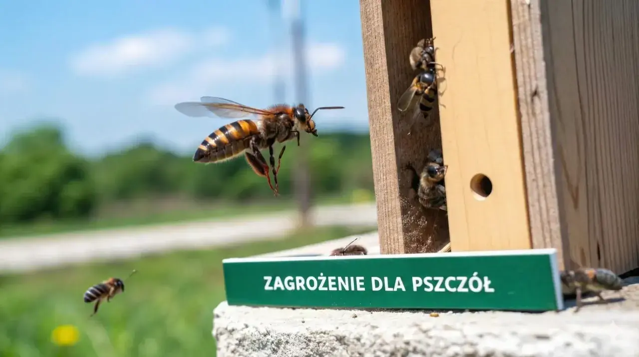 Pszczoła w locie obok domku dla owadów, na którym widnieje napis "Zagrożenie dla pszczół". W domku siedzą inne pszczoły.