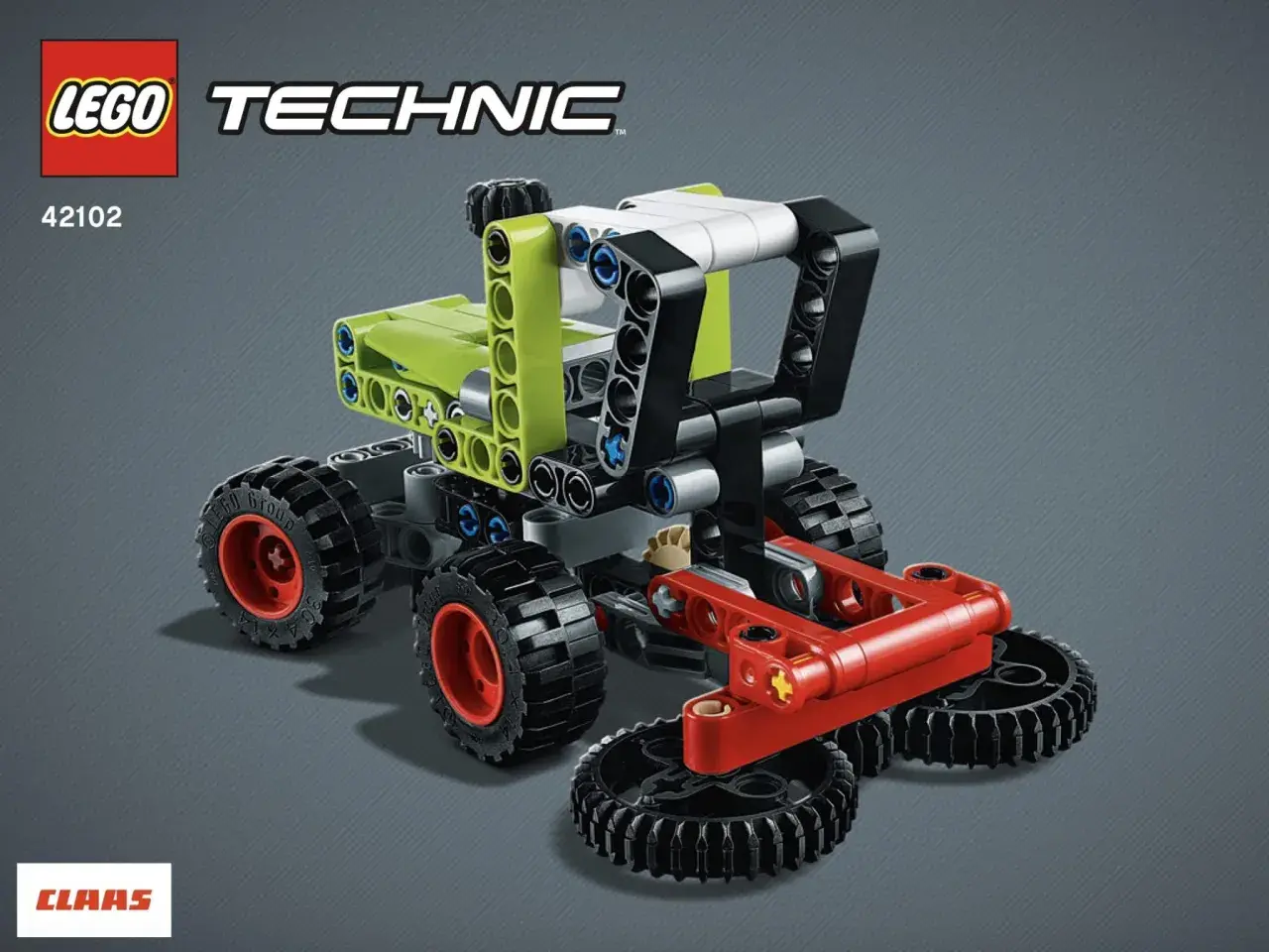 Ein LEGO Technic MOC, ein grüner Traktor mit roten und schwarzen Details, bereit für den Einsatz auf dem Feld.