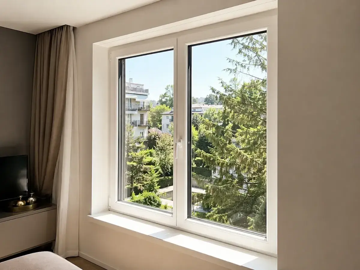 Finestre insonorizzate funzionano: vista serena su alberi e palazzi, con tende che creano un'atmosfera tranquilla.