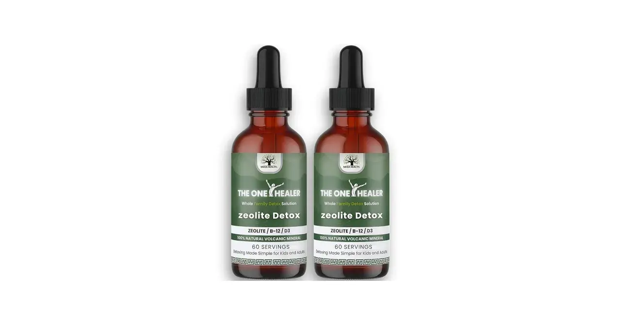 Dos frascos de "The One Healer" con solución de zeolita para desintoxicación familiar. La zeolita es un mineral volcánico natural.