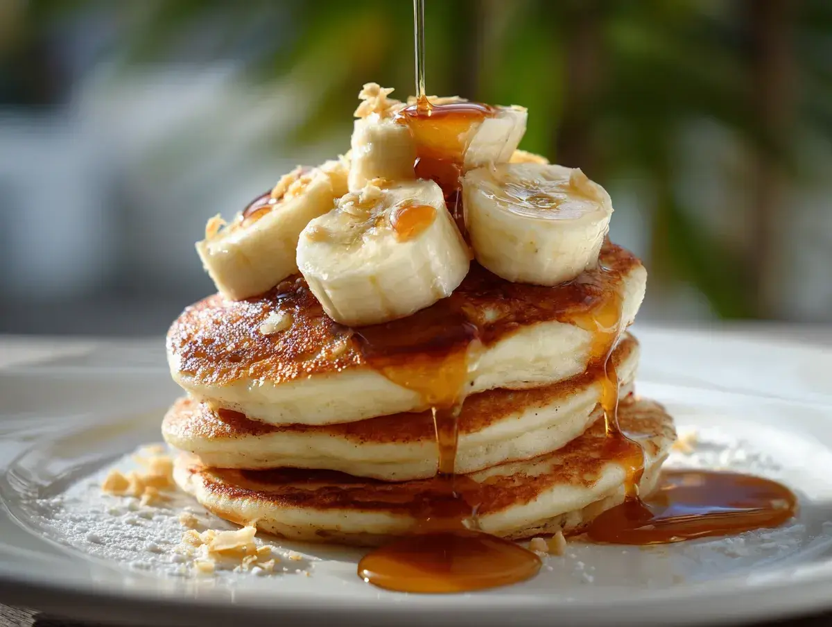 En hög med fluffiga bananpannkakor toppas med bananskivor och sirap. Ett perfekt bananpannkaka recept för en mysig frukost.