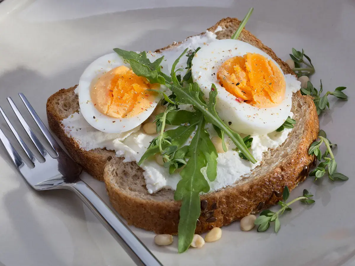Tartine avec œuf dur conservation température ambiante, fromage frais, roquette et herbes. Une fourchette est à côté.