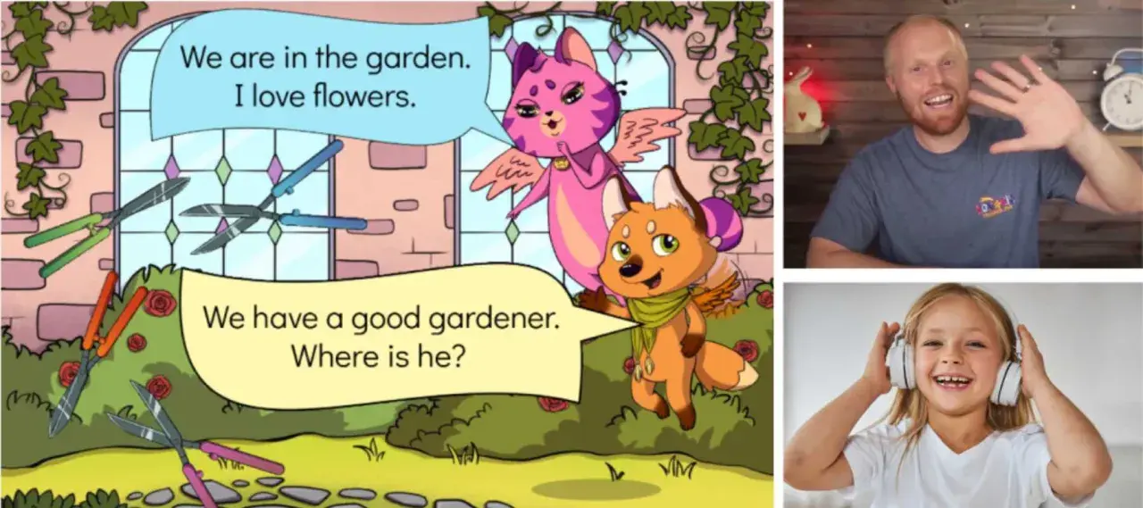 Dibujo animado de gatitos en un jardín, ideal para clases extraescolares en inglés. Un hombre saluda y una niña escucha música.