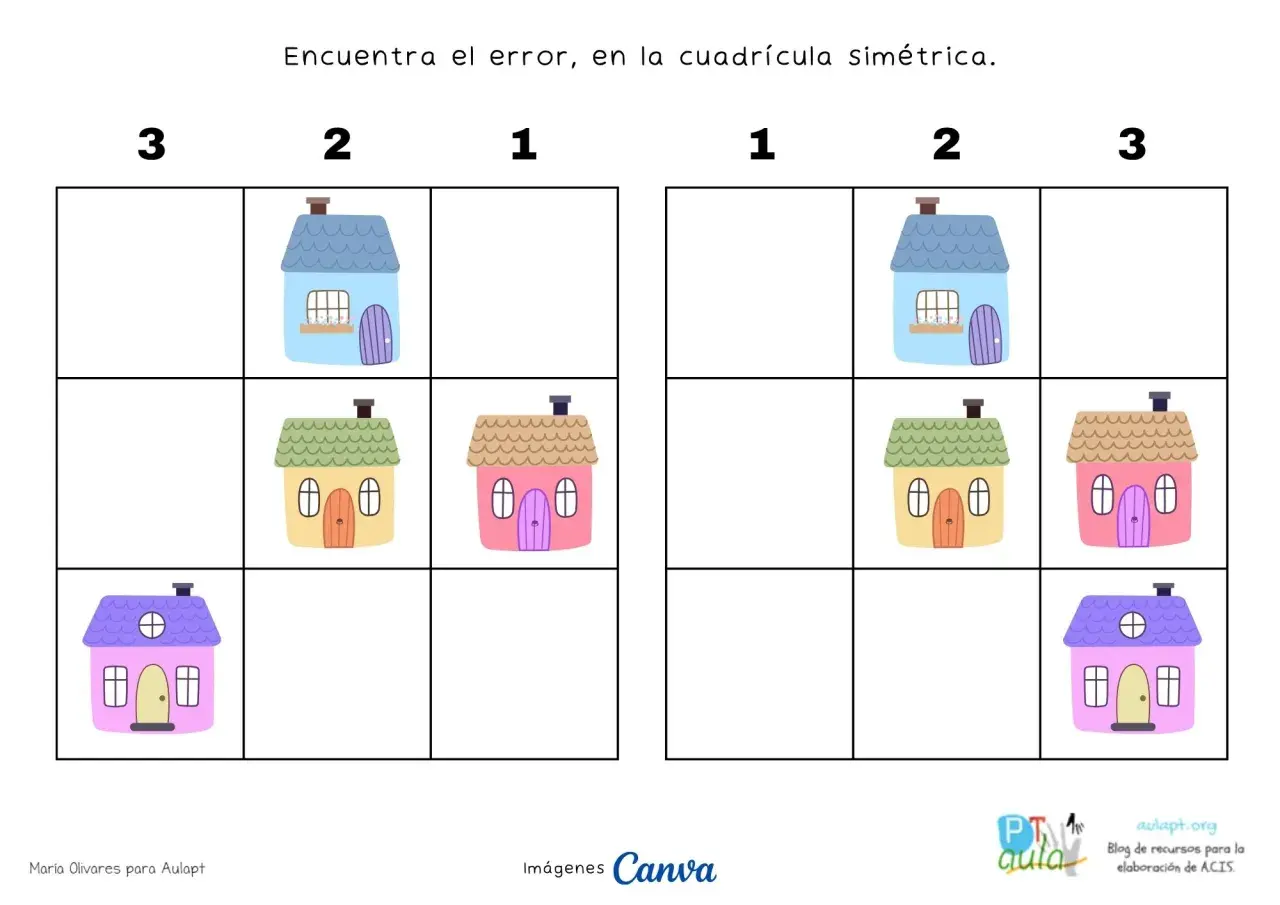 Ficha simetría: dos cuadrículas con casas de colores. Busca la diferencia en la disposición de las casas.