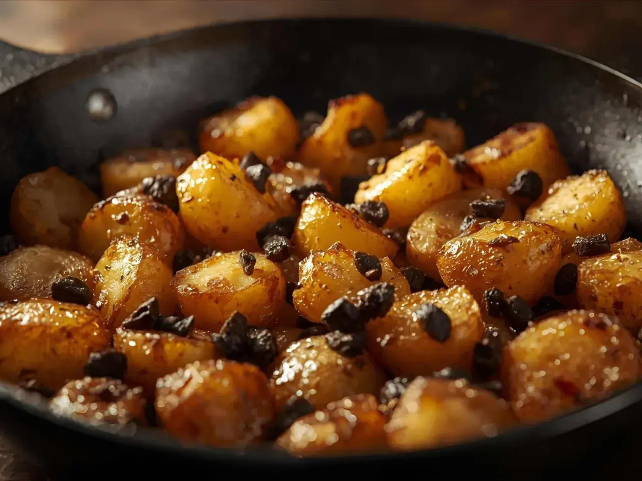 Geröstete Kartoffelspalten in einer Pfanne, verfeinert mit Rosinen und einem Hauch von schwarzem Knoblauch.