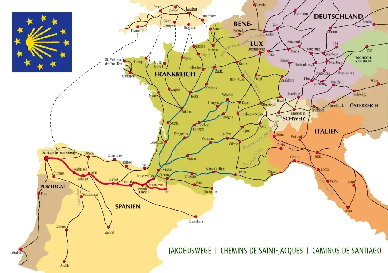 Mapa szlaków pielgrzymkowych Camino de Santiago, ukazująca trasy przez Francję, Hiszpanię, Portugalię i inne kraje Europy.
