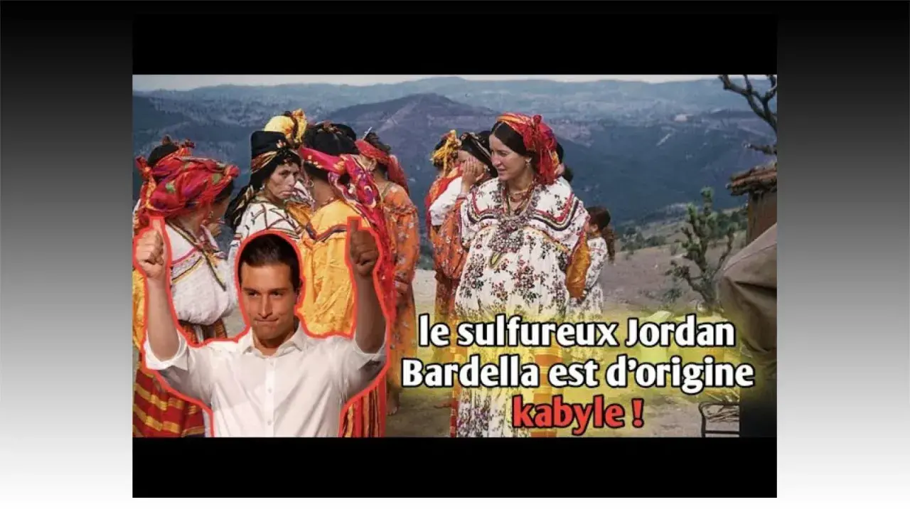 Jordan Bardella, d'origine kabyle, est mis en avant face à des femmes en tenues traditionnelles.