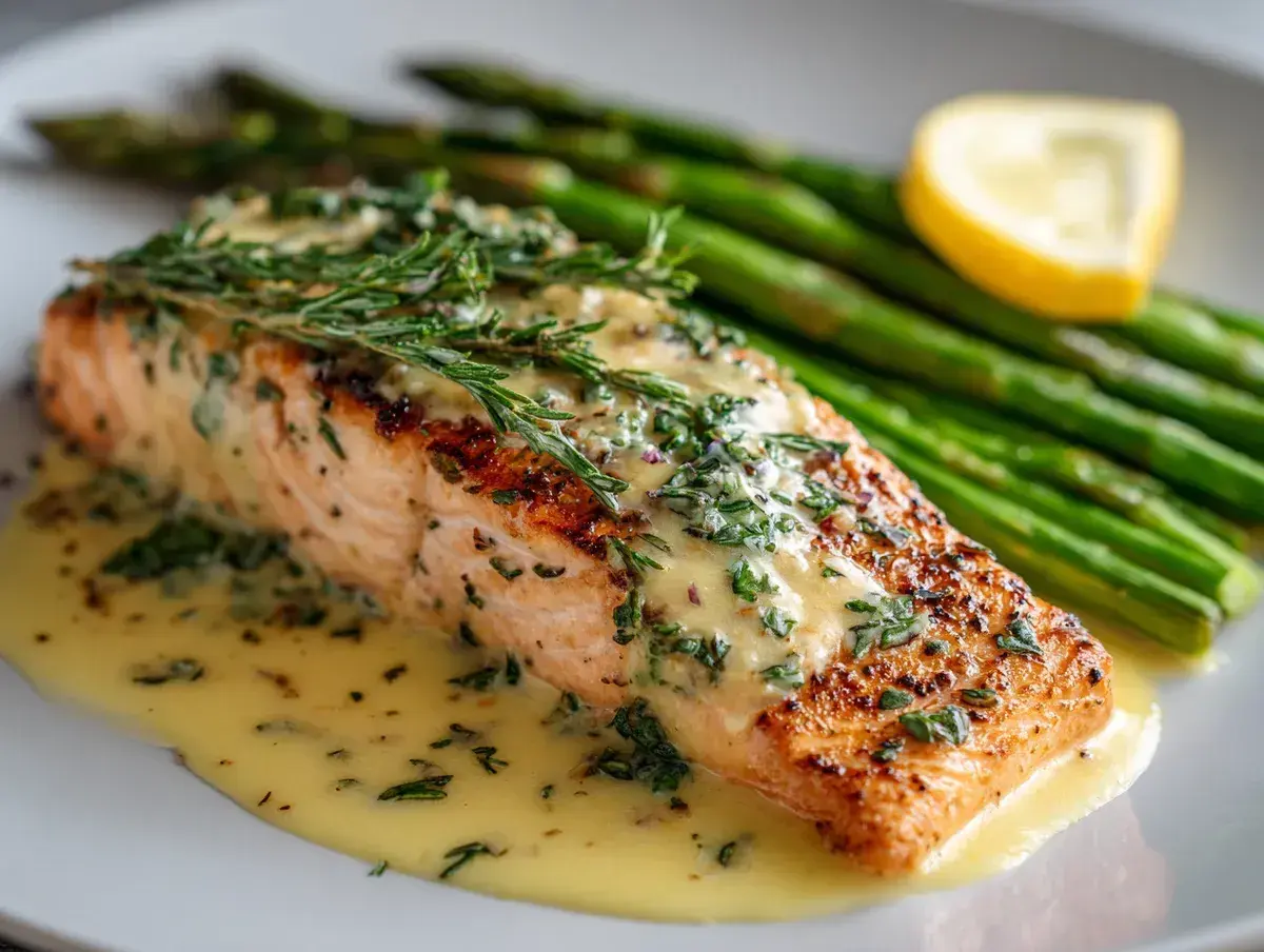 En saftig laxfilé med citronsås, toppad med färska örter, serveras med gröna sparris och en citronskiva.