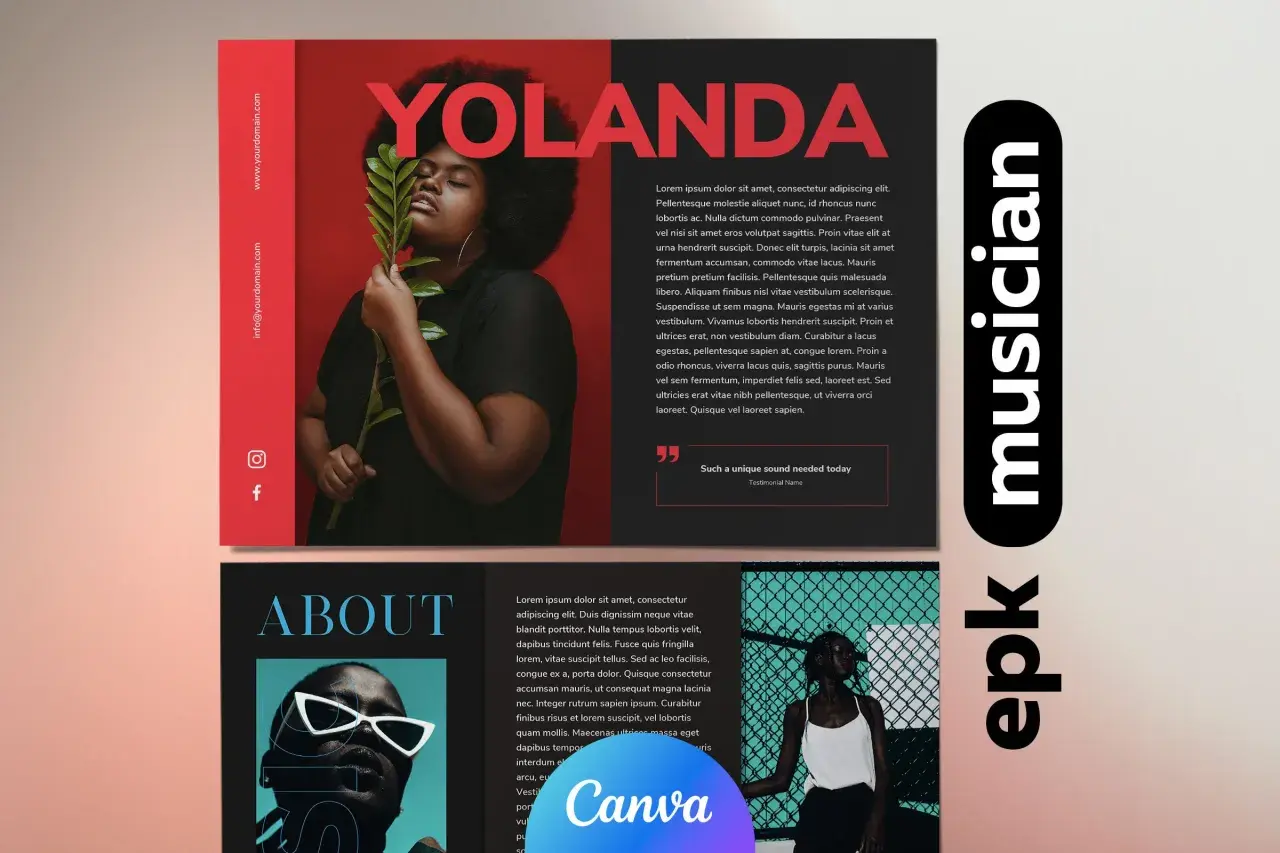 Press kit artiste : Yolanda, musicienne, avec ses photos et sa biographie.