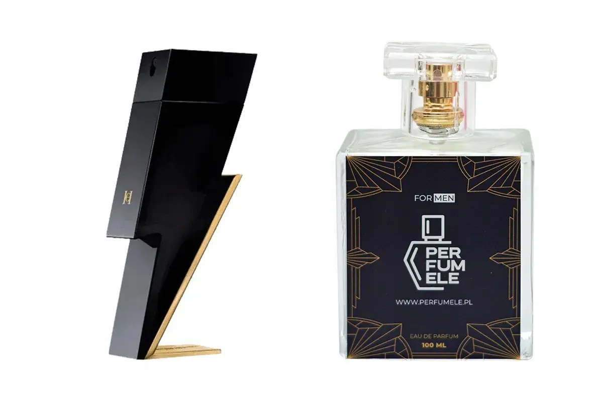 Czarny flakon perfum w kształcie pioruna Carolina Herrera obok prostokątnej butelki z etykietą Perfumele.