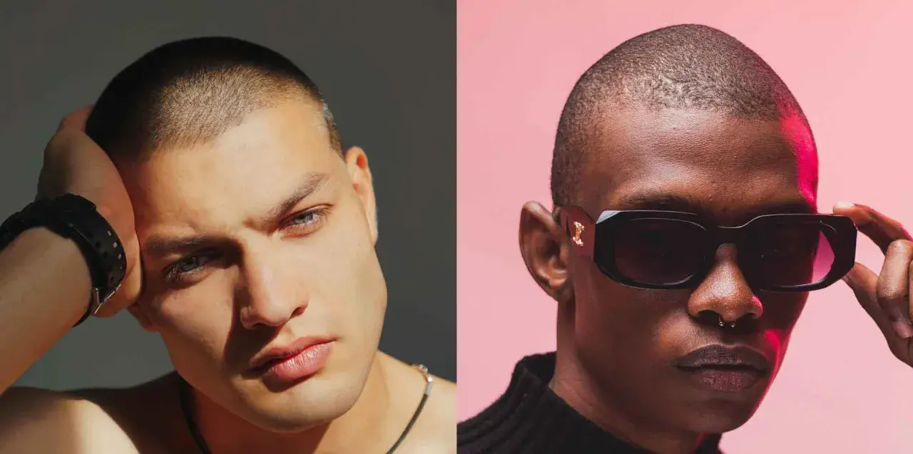 Dos hombres con corte de pelo hombre adulto. Uno con la mano en la cabeza, el otro con gafas de sol.