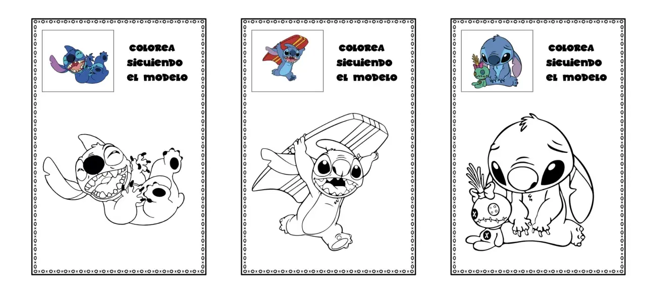 Dibujos para colorear de Stitch: tres escenas de Stitch, una riendo, otra con tabla de surf y una triste con muñeco.