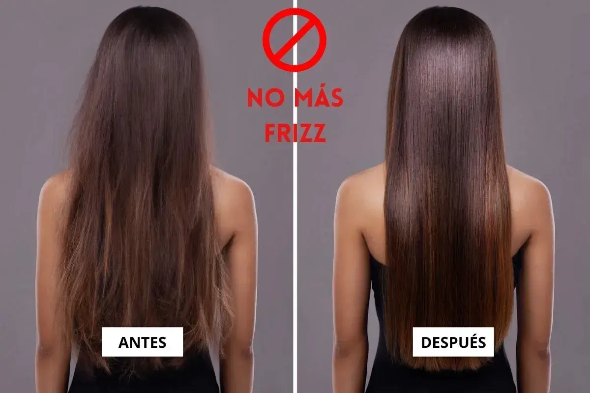 Antes y después: cabello con frizz vs. cabello liso y brillante. Descubre cómo quitar el frizz del pelo para un look impecable.