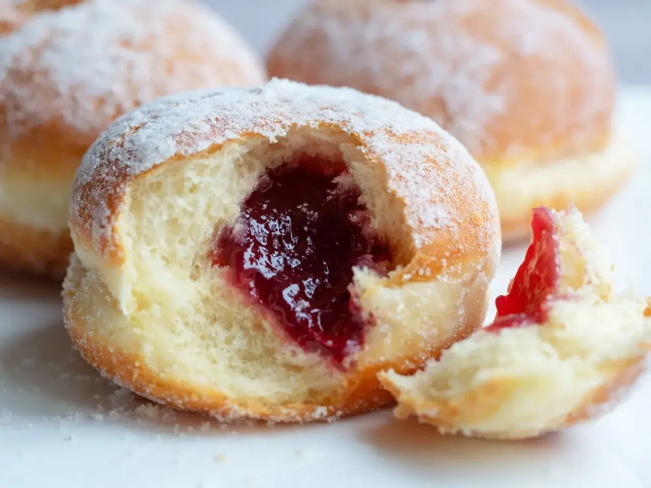 Puszyste pączki z piekarnika, oprószone cukrem pudrem, z obfitym nadzieniem z konfitury. Idealne na tłusty czwartek!