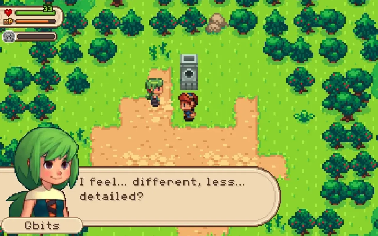 Pixelartowa gra przygodowa, gdzie postać mówi "I feel... different, less... detailed?". Idealna dla fanów top gry na androida.