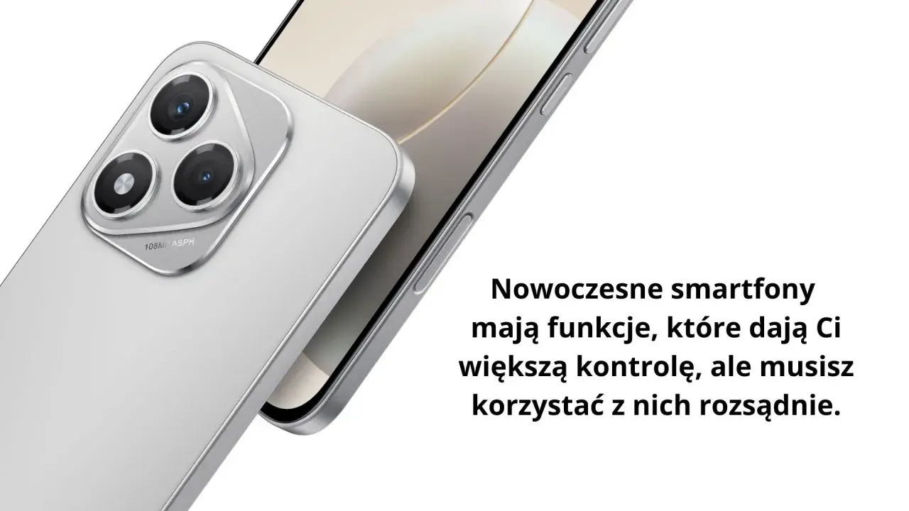 Srebrny smartfon z potrójnym aparatem 108MP. Nowoczesne funkcje dają kontrolę, ale pamiętaj o rozsądnym korzystaniu z harmony os.