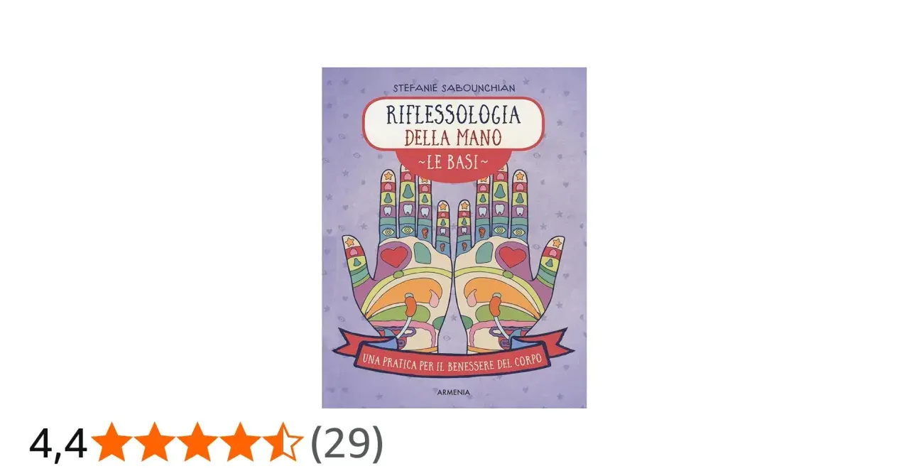Illustration of two hands with colorful reflexology zones, book title "Riflessologia della Mano".