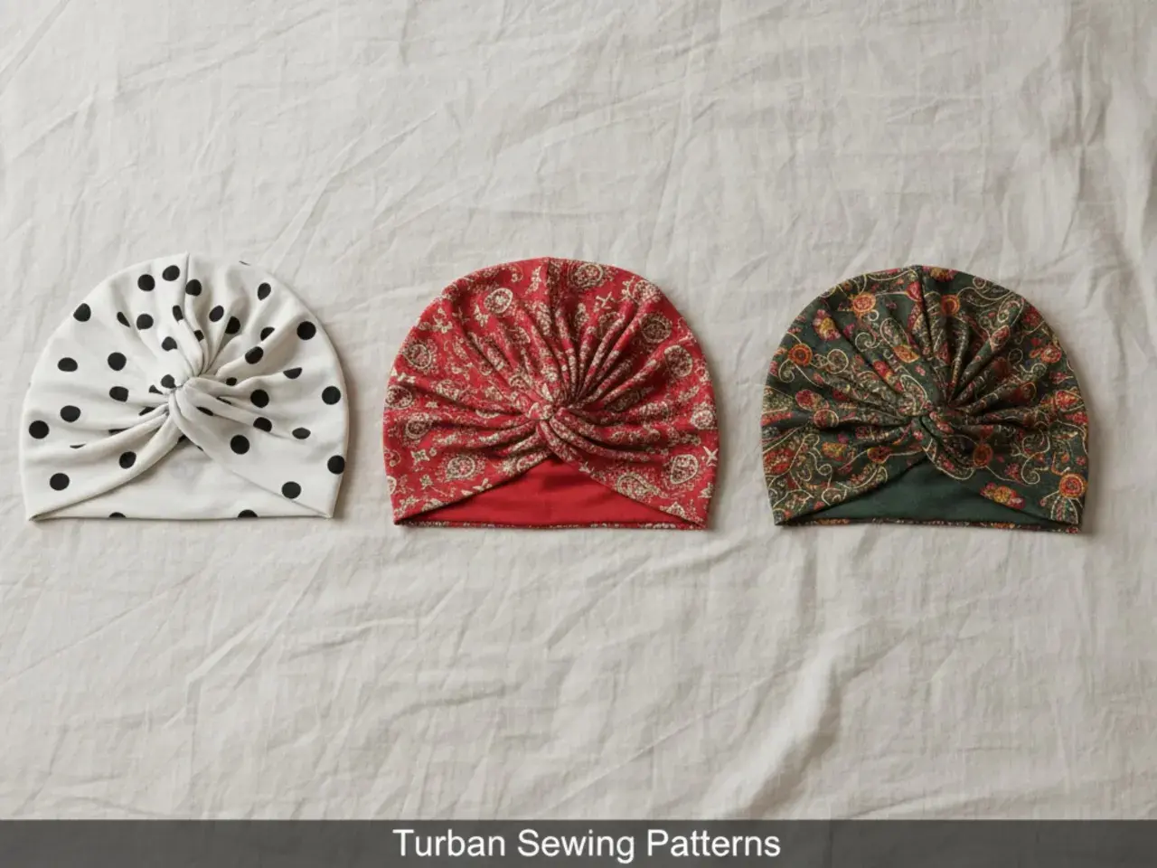 Trzy turbany dla dziewczynki: biały w czarne kropki, czerwony i zielony w orientalne wzory. Wykrój na turban dla dziewczynki.