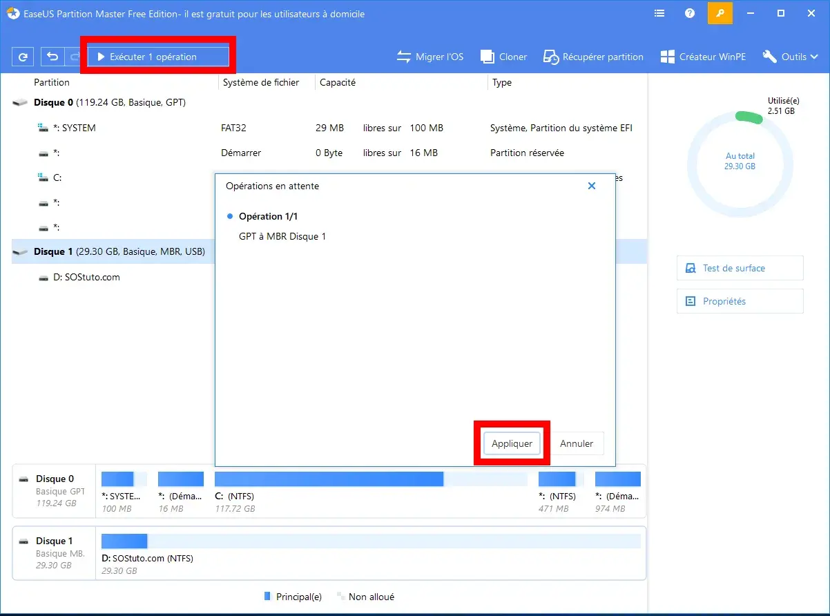 Interface EaseUS Partition Master montrant comment initialiser un disque dur. Une opération "GPT à MBR Disque 1" est en attente, prête à être appliquée.