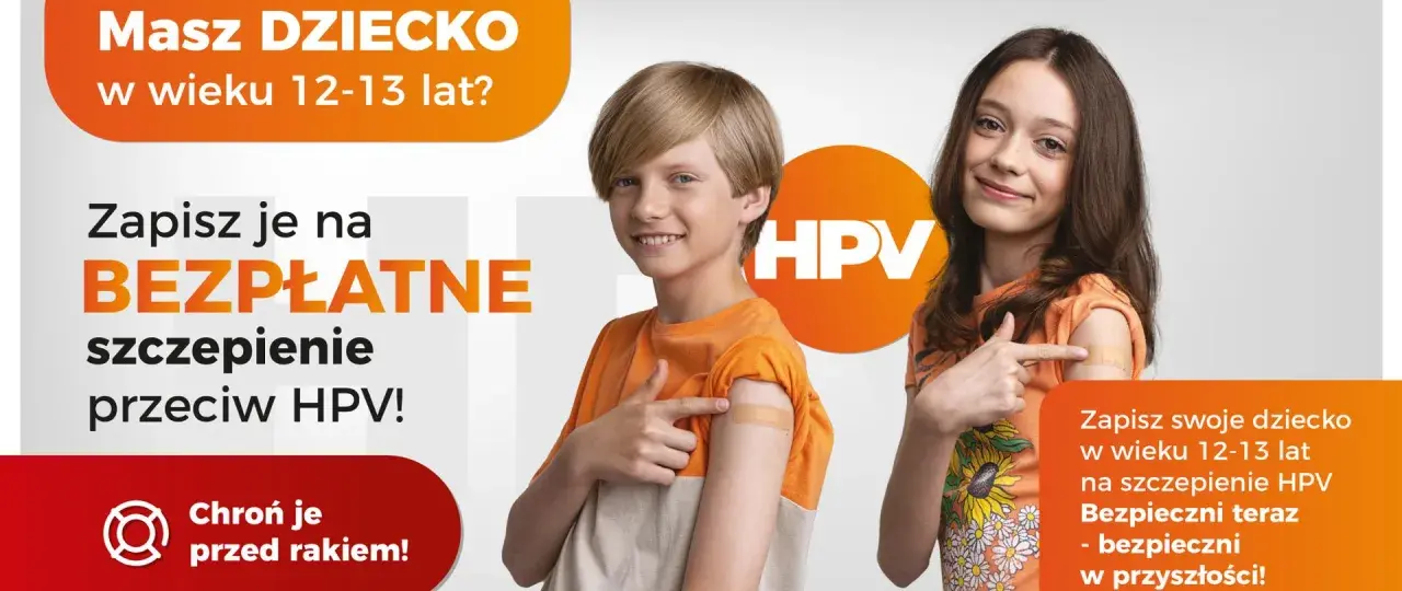 Dzieci po szczepieniu przeciw HPV, z plastrem na ramieniu. Kampania informuje o bezpłatnym szczepieniu, chroniącym przed rakiem.