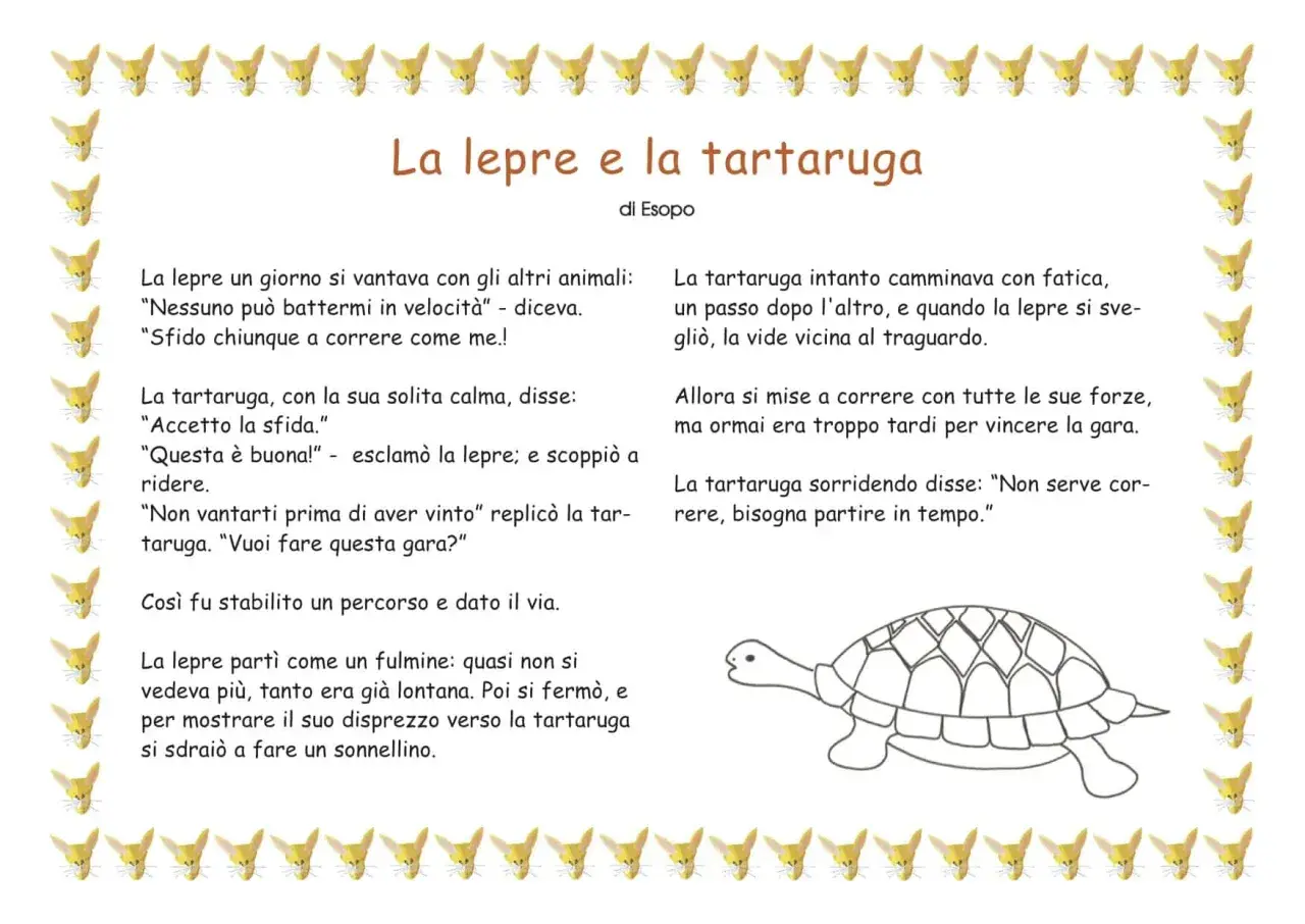 Storie per la nanna da leggere: la lepre si vanta, la tartaruga accetta la sfida e vince. Illustrazione con lepri e tartaruga.