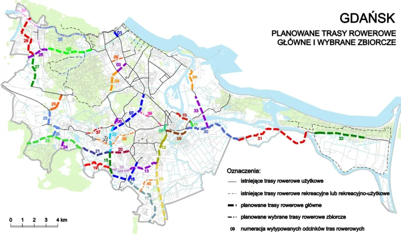 Mapa planowanych tras rowerowych w Gdańsku, z zaznaczoną ścieżką na wyspie sobieszewskiej rowerem.
