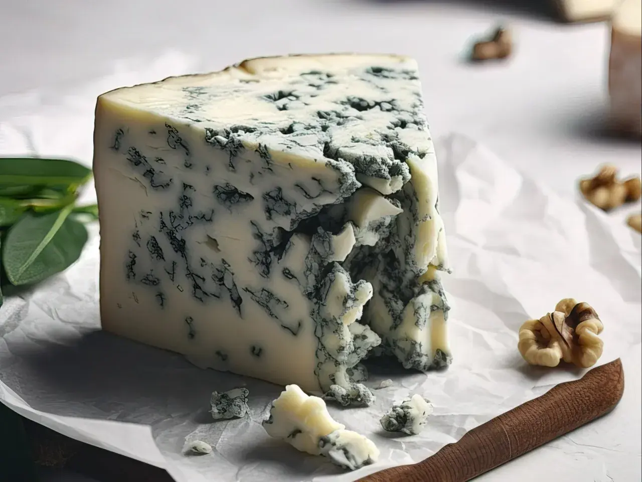 Kawałek sera gorgonzola, co to za przysmak? Kremowy, z niebieskimi żyłkami, obok orzechy włoskie i listki.
