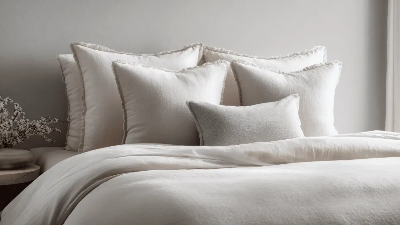 A bed with a duvet and several pillows, including what is a standard sham, all in neutral tones.