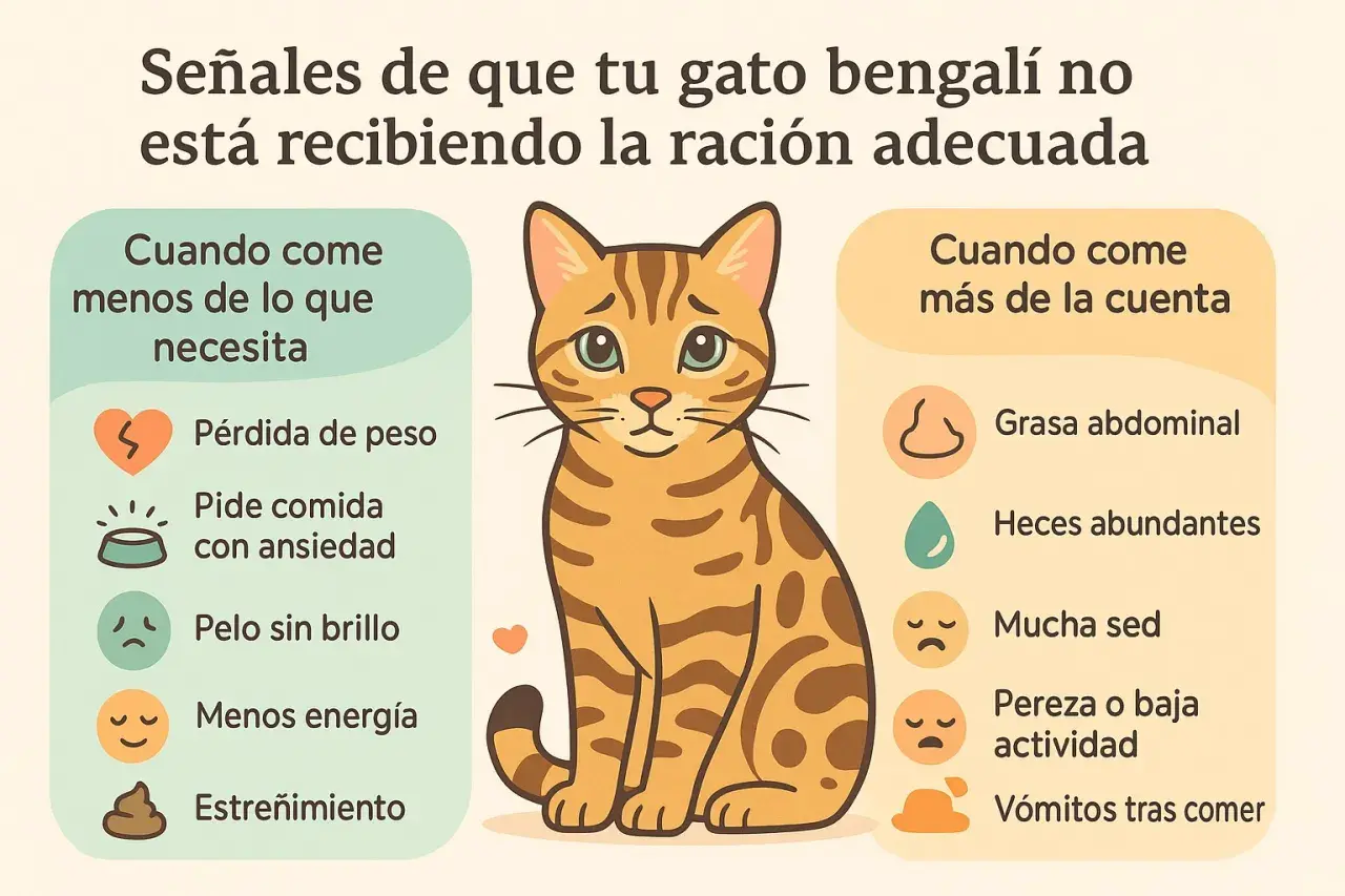 Tabla de alimento para gatos: señales de que tu bengalí come poco o demasiado. Muestra síntomas como pérdida de peso o vómitos.