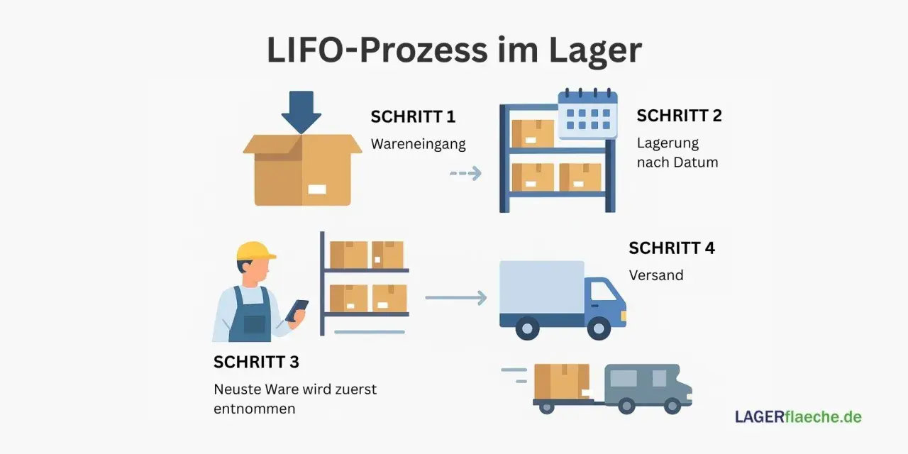 Lagerprozess: Wareneingang, Lagerung nach Datum, Entnahme der neuesten Ware (last in first out), Versand.