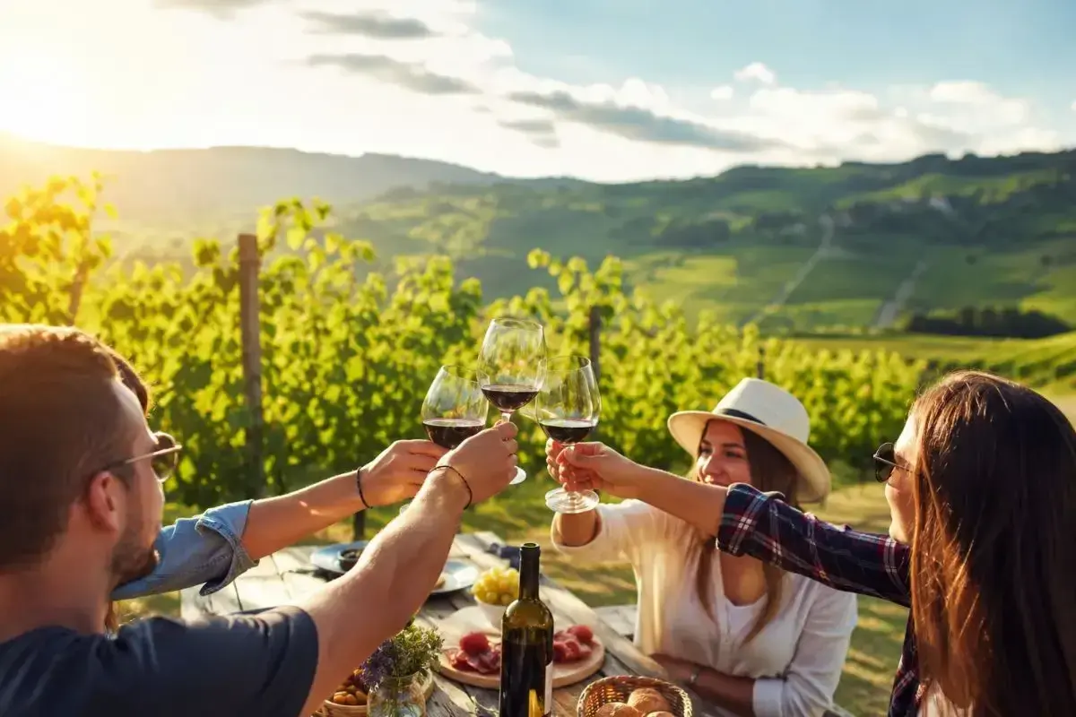 Amici brindano con calici di vini oltrepò pavese in un vigneto al tramonto, tra colline verdi e sole dorato.
