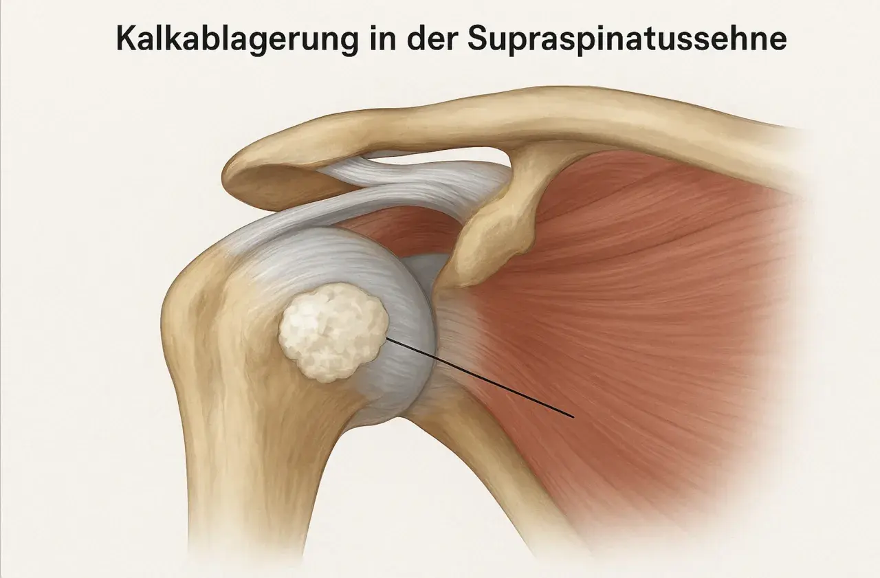 Kalkablagerung in der Supraspinatussehne: Was tun? Anatomische Darstellung einer Schulter mit Kalkdepot.