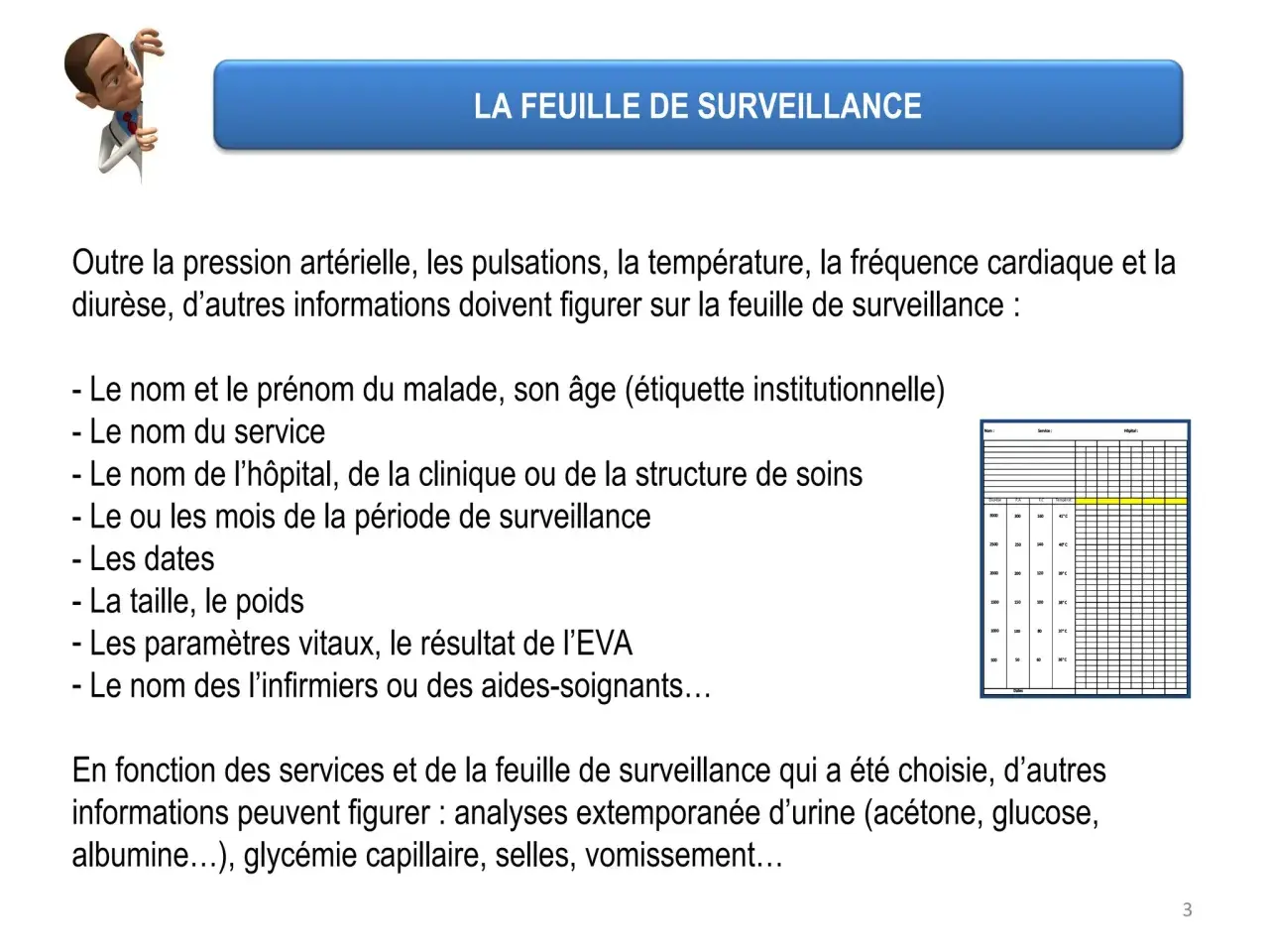Une feuille de surveillance médicale liste les constantes vitales, le nom du patient, le service, l'hôpital, les dates, la taille, le poids et le résultat de l'EVA.