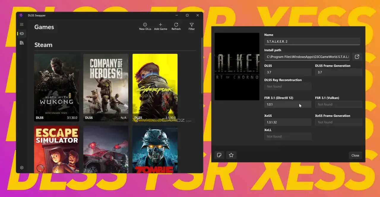 DLSS Swapper zeigt Spiele wie Cyberpunk 2077 und S.T.A.L.K.E.R. 2. Die rechte Seite listet DLSS-Versionen und andere Upscaling-Technologien auf.