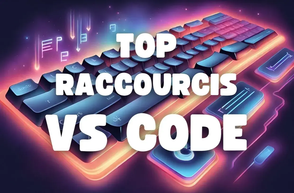 Clavier futuriste illuminé, texte "TOP RACCOURCIS VS CODE" en gros caractères blancs.