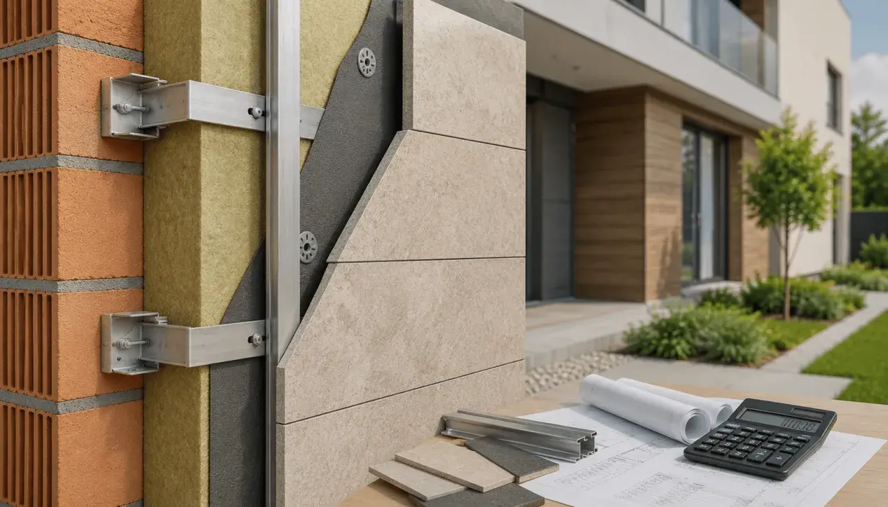 Detalle constructivo de una fachada ventilada, mostrando ladrillo, aislamiento, estructura metálica y revestimiento cerámico. Planos y calculadora sugieren el diseño.