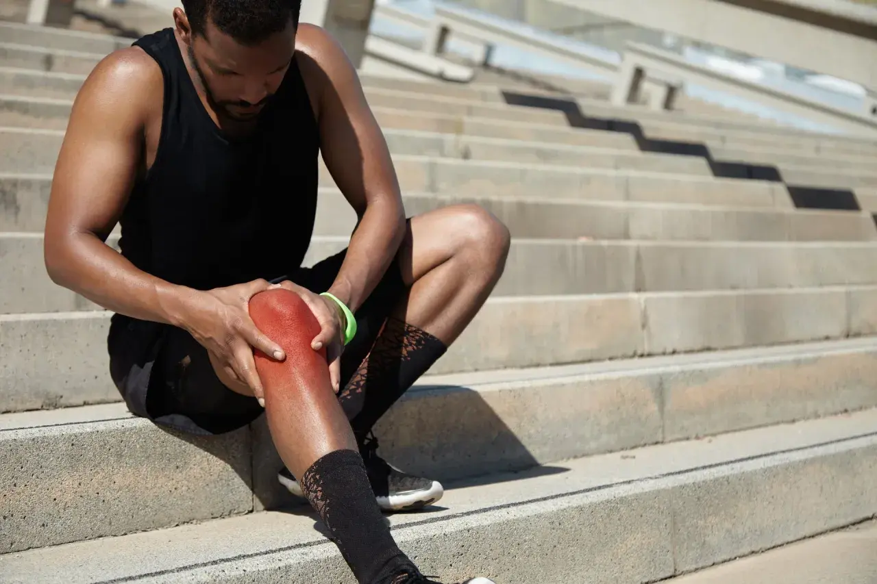 Sportler mit schmerzhaft gerötetem Knie auf Treppen. Er hofft, seine Gelenkschmiere aufbauen zu können, um bald wieder fit zu sein.