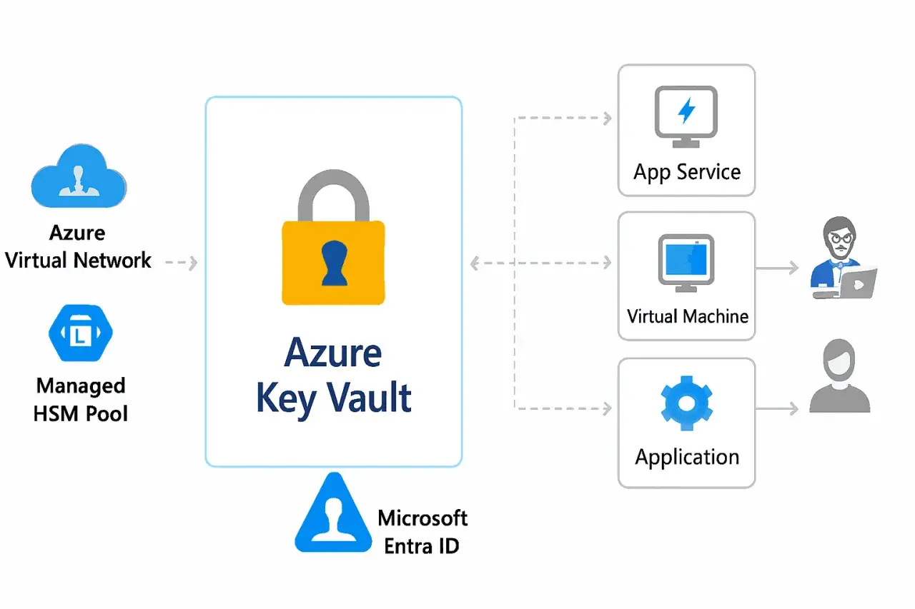 Schéma montrant comment Azure Key Vault sécurise les applications, les machines virtuelles et les services via Microsoft Entra ID.