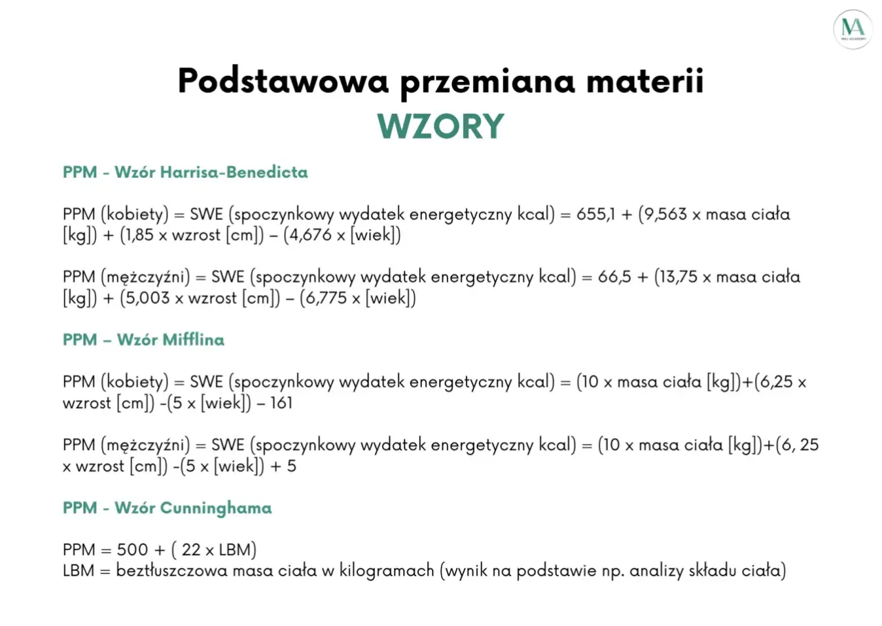 Wzory na PPM: Harrisa-Benedicta, Mifflina i Cunninghama. Obliczanie podstawowej przemiany materii dla kobiet i mężczyzn.